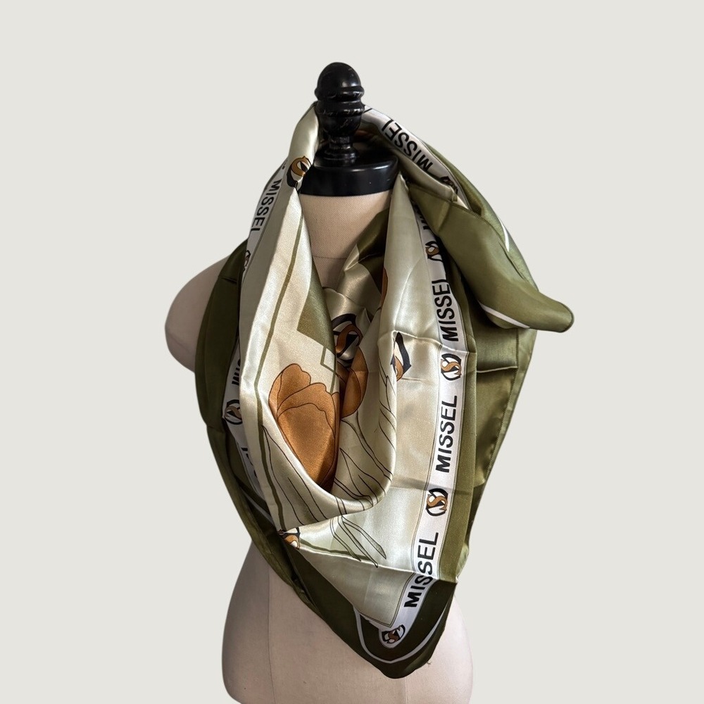 Missel Vintage 80's 40" Square Scarf Olive Green Cream Tulip Floral 100% Silk